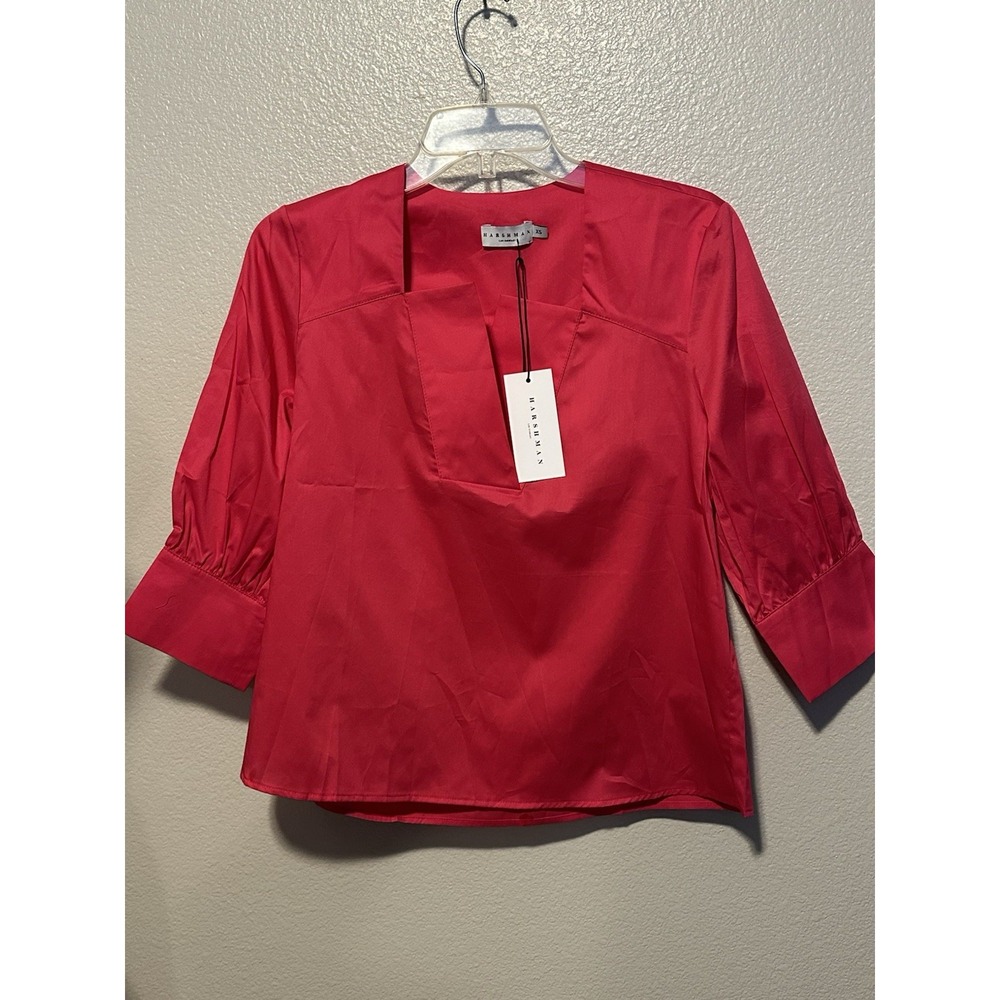 NWT HARSHMAN TONYA Cotton‎ Popover Blouse Balloon Sleeve Jazzy Pink XS MSRP $193